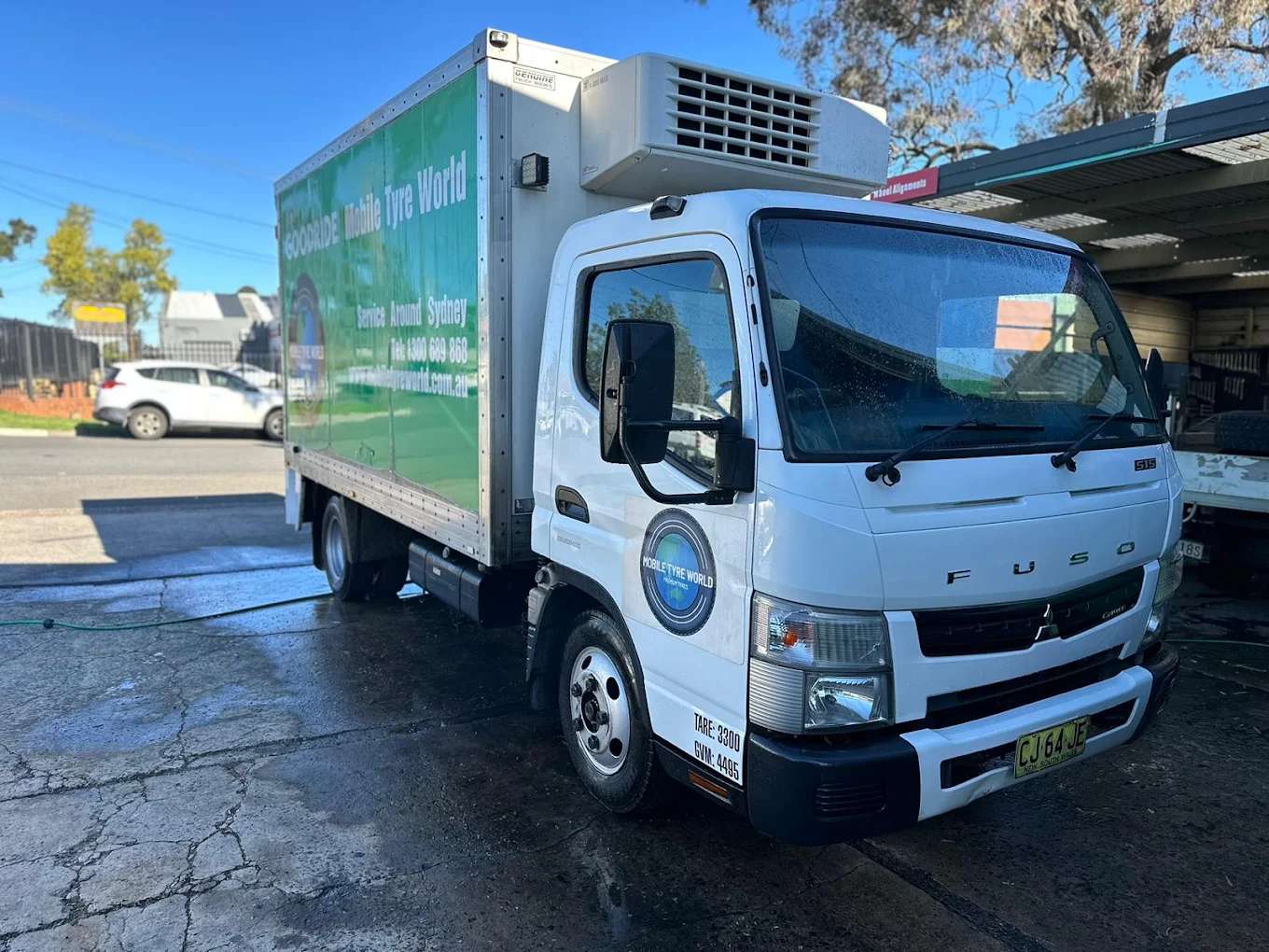 Mobile Tyre World's service truck, signwritten with Goodride, Mobile Tyre World and 1300 689 868